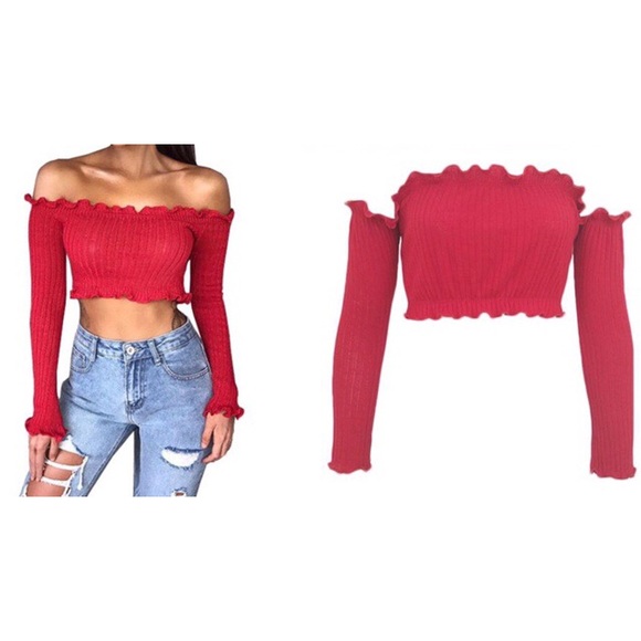 OFF SHOULDER RUFFLE LONG SLEEVE CROP TOP SIZE M - Picture 3 of 8